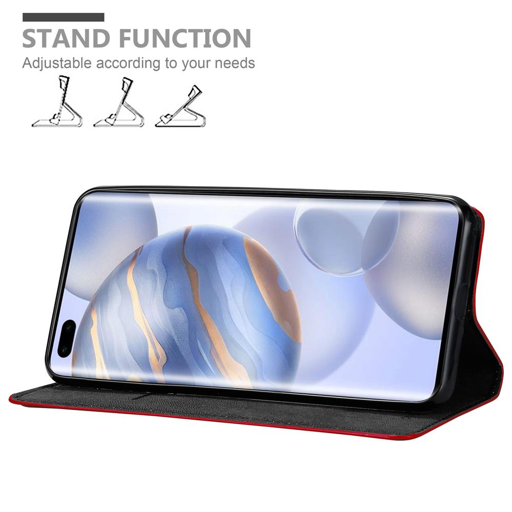 Un telefono in una custodia rossa è in mostra. Lo schermo mostra un design astratto blu e bianco. Il testo in alto recita 'STAND FUNCTION'.