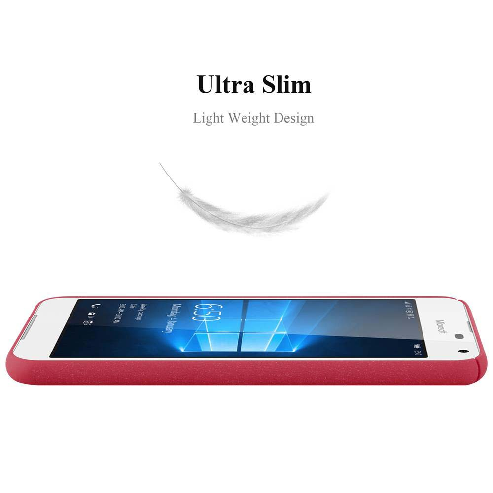 Ein rotes Smartphone zeigt die Uhrzeit 6:50 Uhr an. Das Telefon ist mit 'Ultra Slim' und 'Light Weight Design' beschriftet. Eine Feder-Grafik ist darüber.