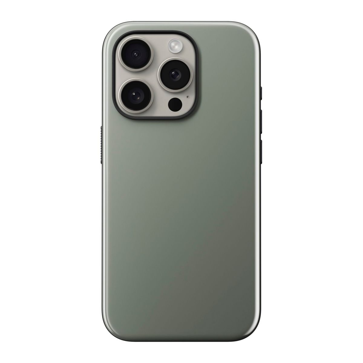 Eine grüne iPhone-Hülle mit drei Kameralinsen und einem Blitz. Die Hülle ist glatt und hat abgerundete Ecken. Der Hintergrund ist weiß.