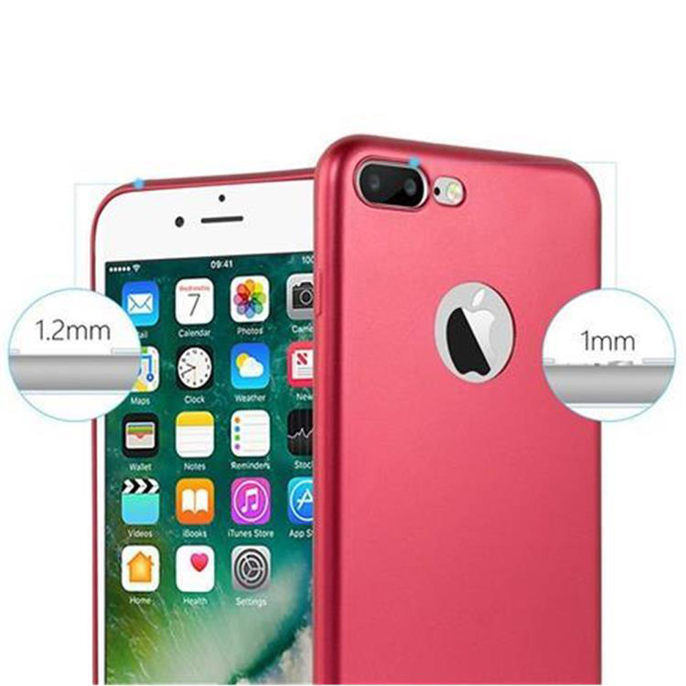 Due smartphone, uno con schermo di app, l'altro in una custodia rossa. I cerchi indicano spessori di 1,2 mm e 1 mm.