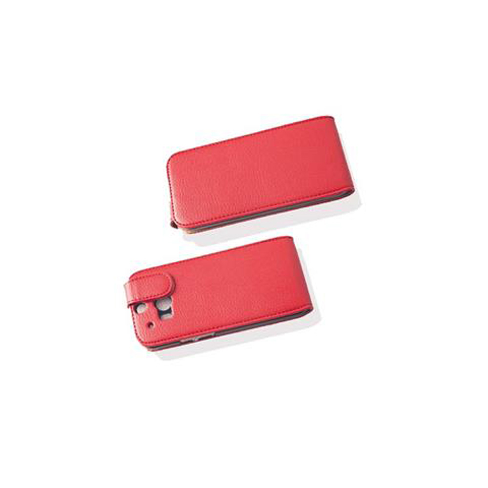 Dos fundas rojas de cuero para teléfono sobre fondo blanco. Una está abierta, mostrando recortes de cámara y un broche.