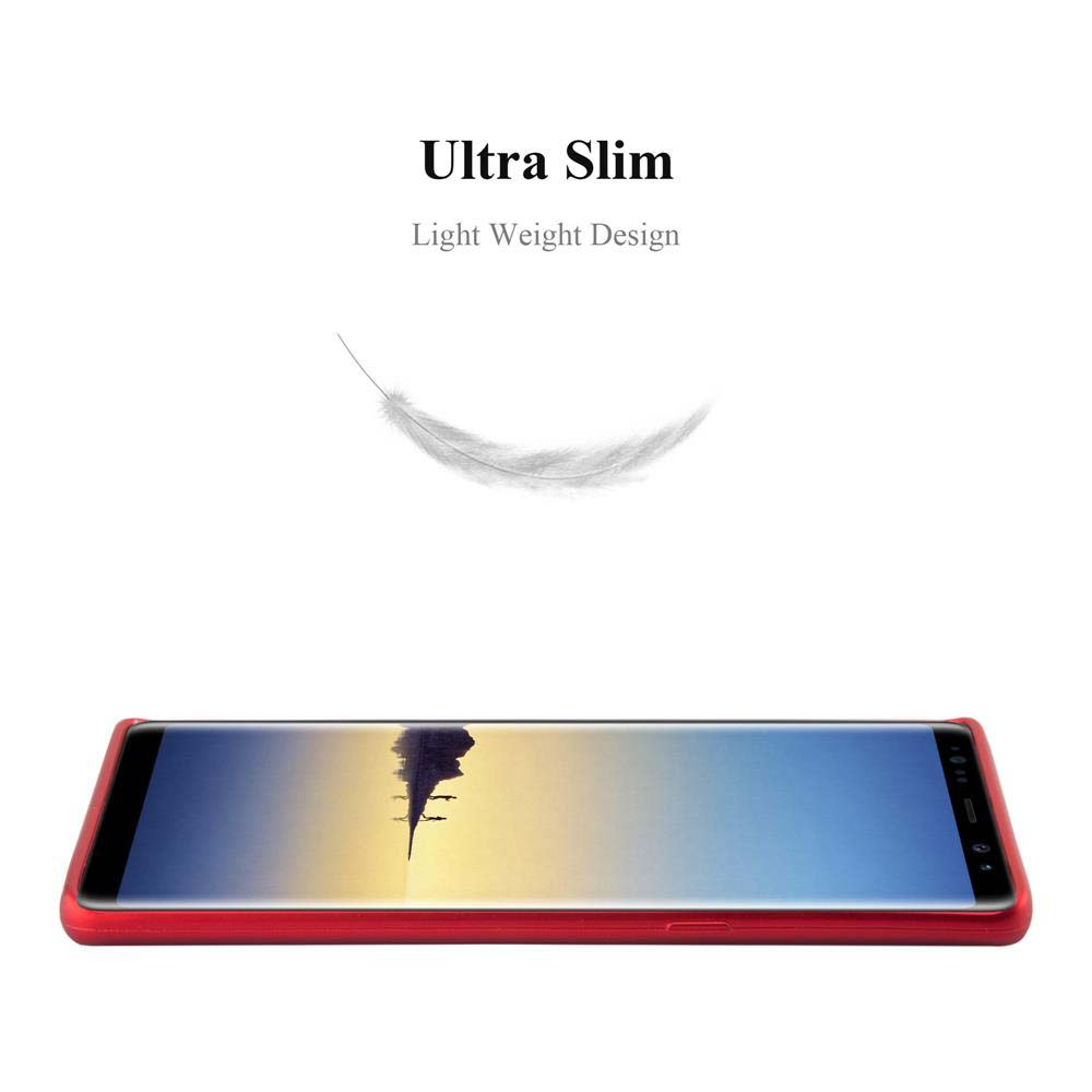Una custodia rossa con telefono su sfondo bianco. Sopra, una piuma. Testo: 'Ultra Slim'.