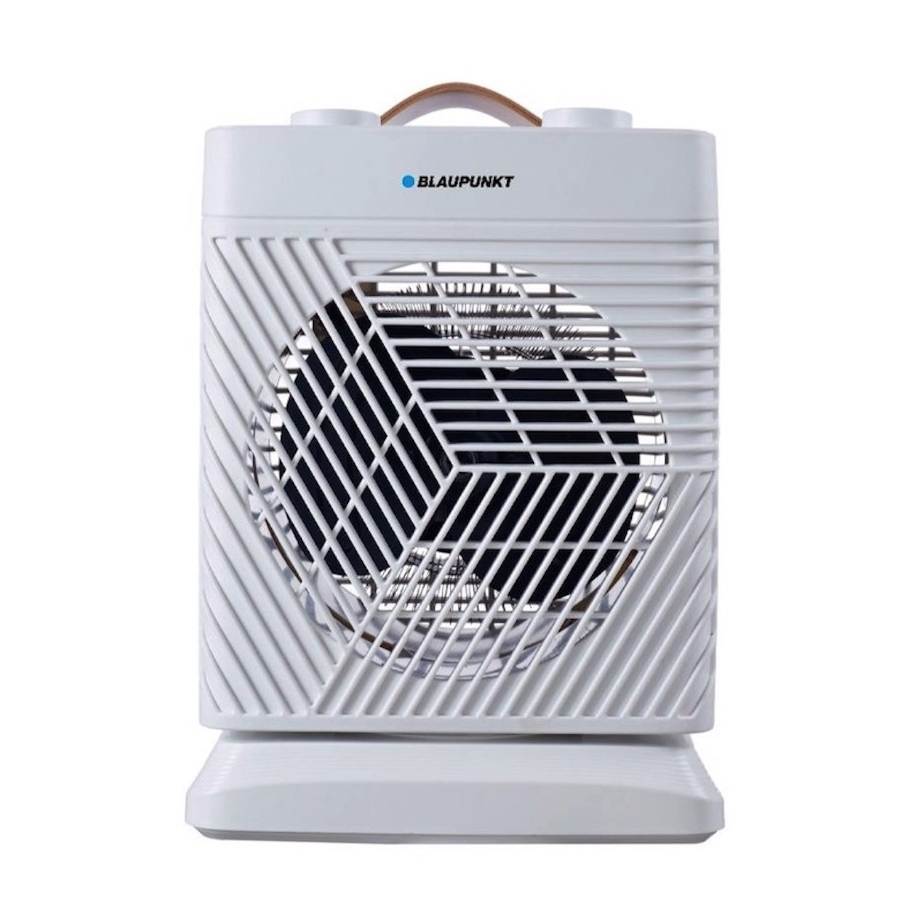 Ventilatore Blaupunkt bianco con maniglia. Ha un design geometrico sulla parte anteriore. Il ventilatore è su una superficie bianca.