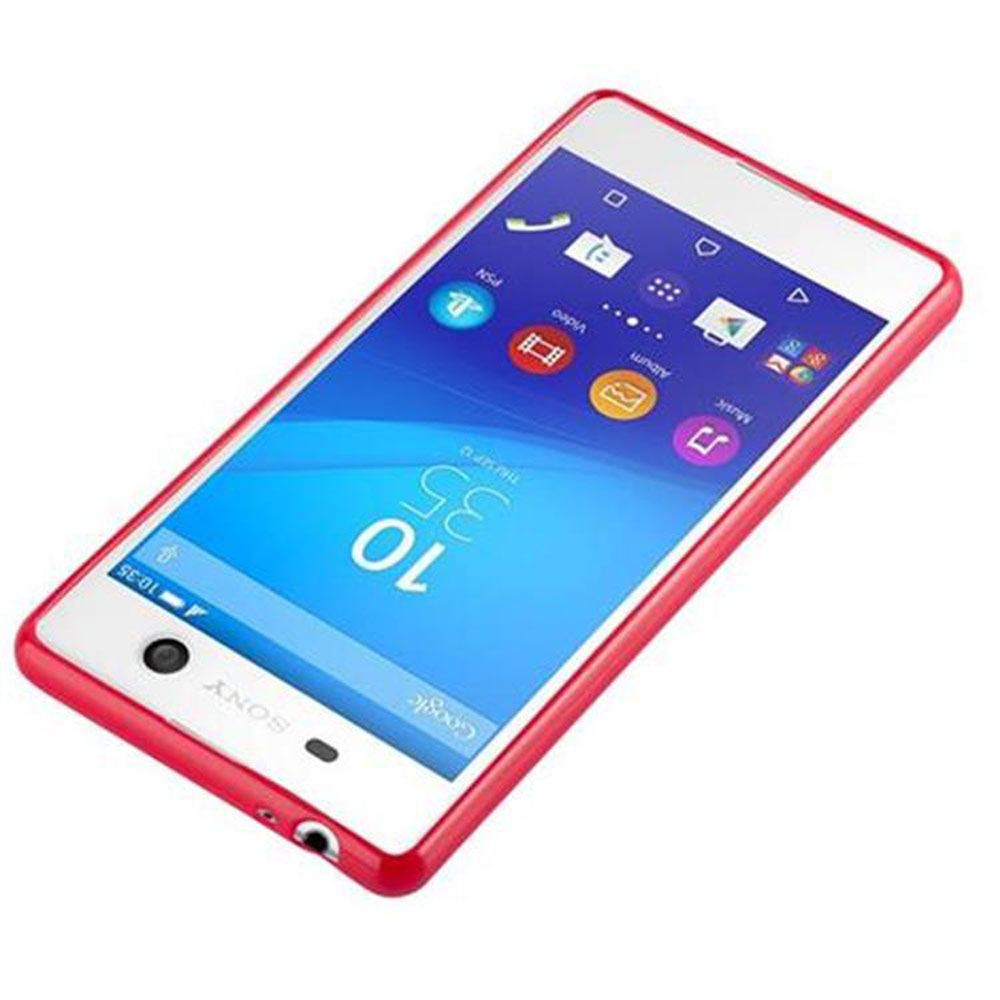 Uno smartphone Sony rosso è mostrato ad angolo. Lo schermo mostra l'ora 10:35. Sono visibili anche icone e il logo Sony.