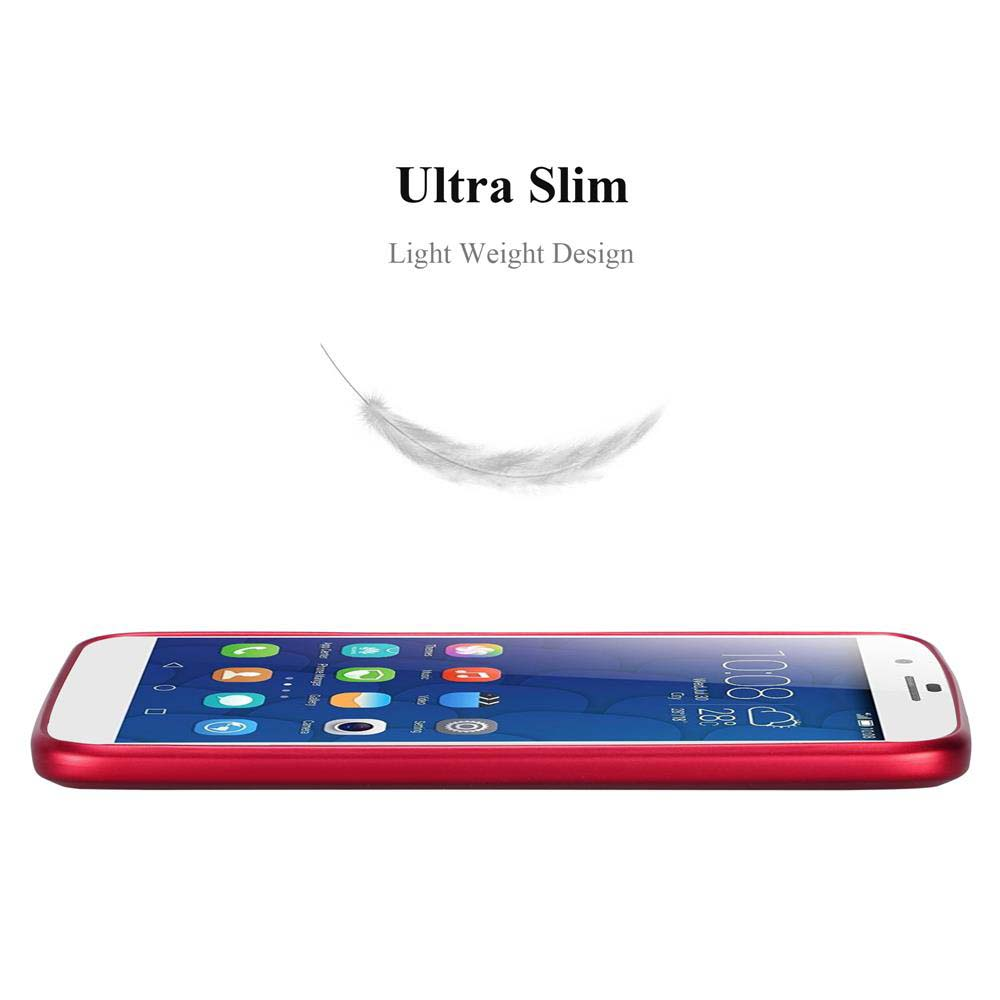 Uno smartphone rosso con bordo bianco è visualizzato, lo schermo mostra icone di app. Sopra una piuma e il testo 'Ultra Slim'.
