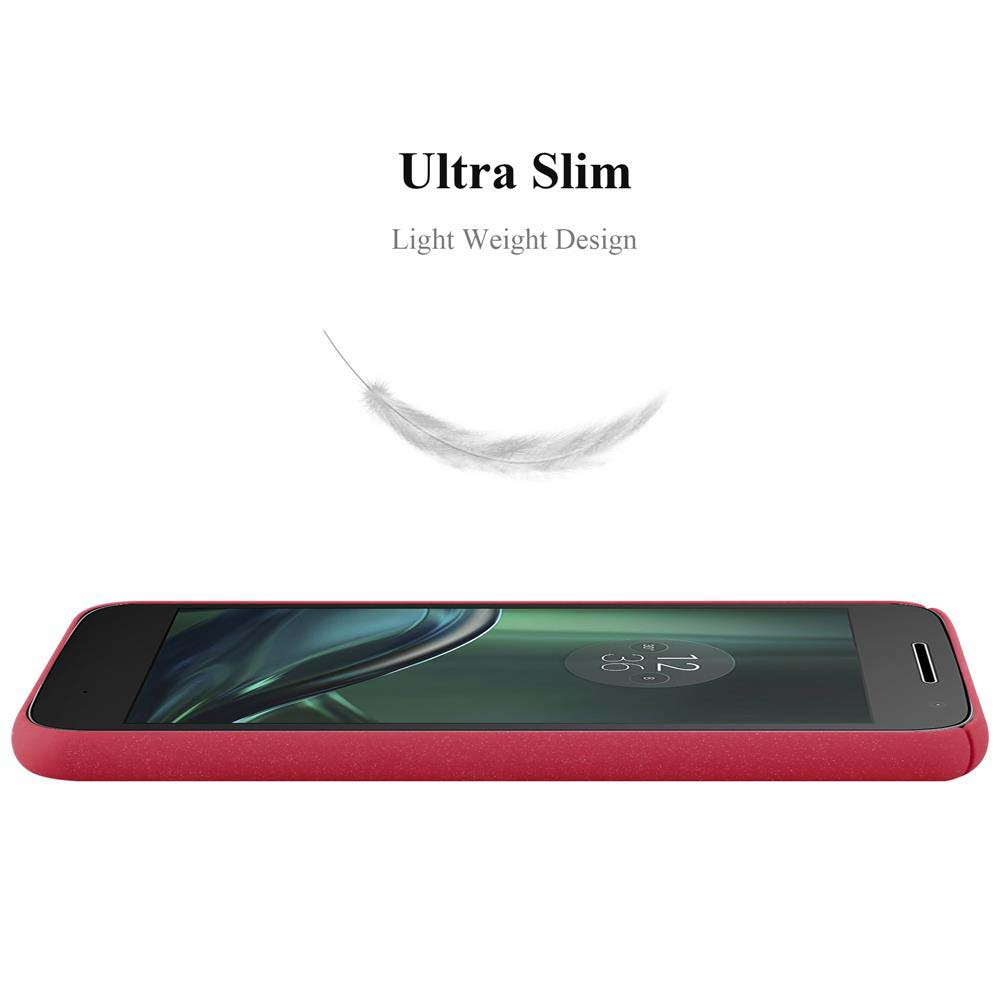 Un telefono rosso con schermo nero su sfondo bianco. Sopra, testo: 'Ultra Slim, Light Weight Design'. Una piuma sopra.