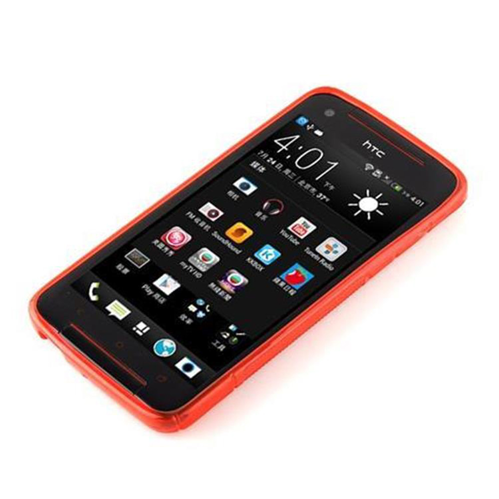 Uno smartphone HTC con cornice rossa, che mostra uno schermo nero con varie icone di app e l'ora 4:01 su sfondo bianco.