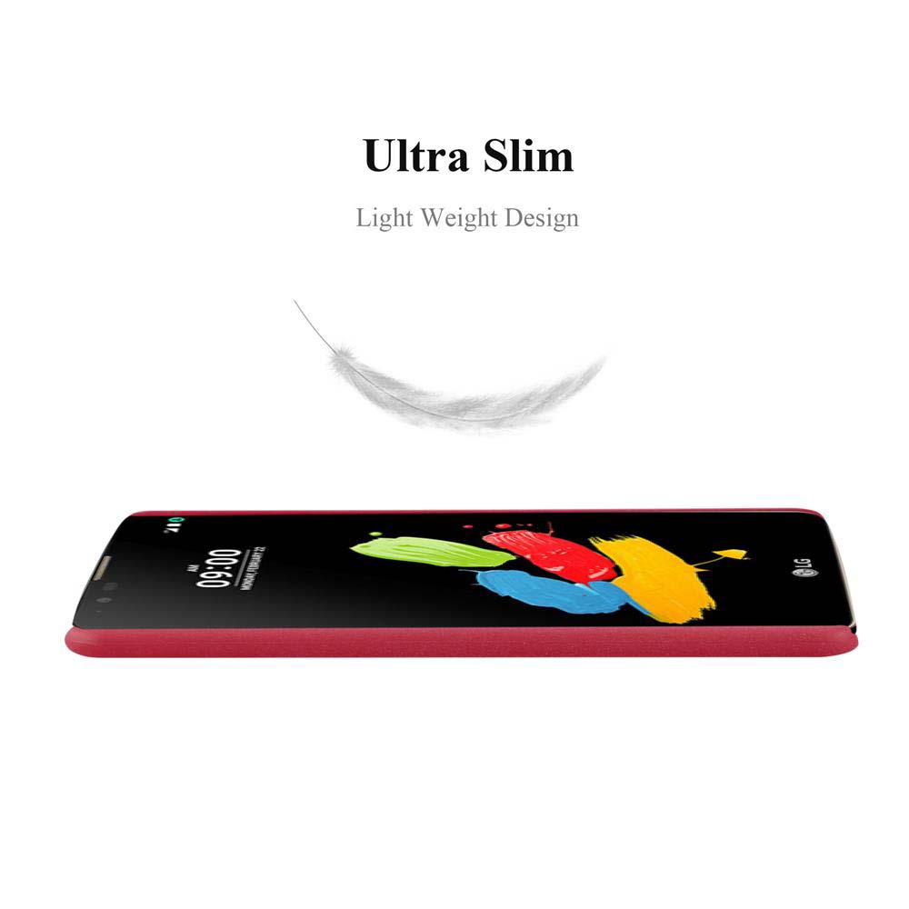 Ein LG-Telefon mit rotem Rahmen, das ein farbenfrohes abstraktes Design zeigt. Oben steht der Text 'Ultra Slim' und 'Light Weight Design'.