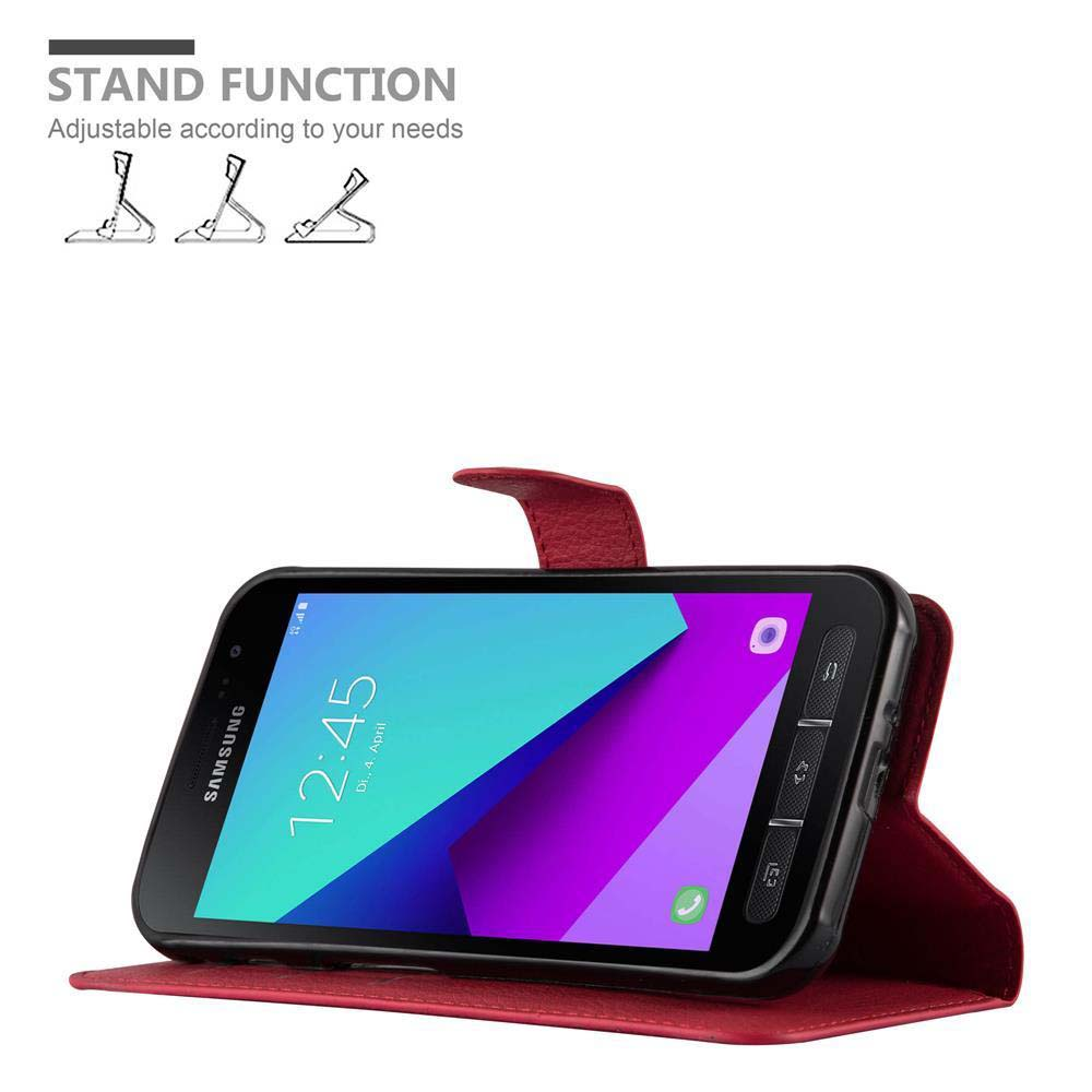 Un telefono Samsung in una custodia di pelle rossa. Lo schermo mostra l'ora 12:45. Il testo sopra dice 'Funzione supporto'.