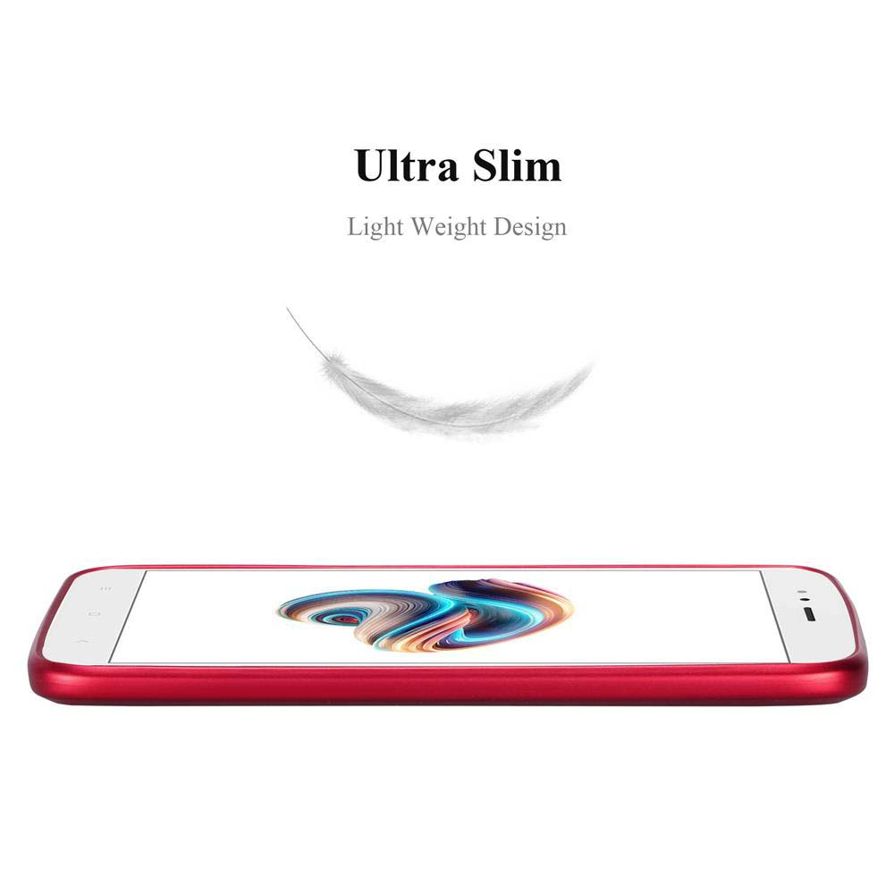 Uno smartphone rosso su una superficie bianca. Sopra, una piuma e il testo: Ultra Slim, Light Weight Design.
