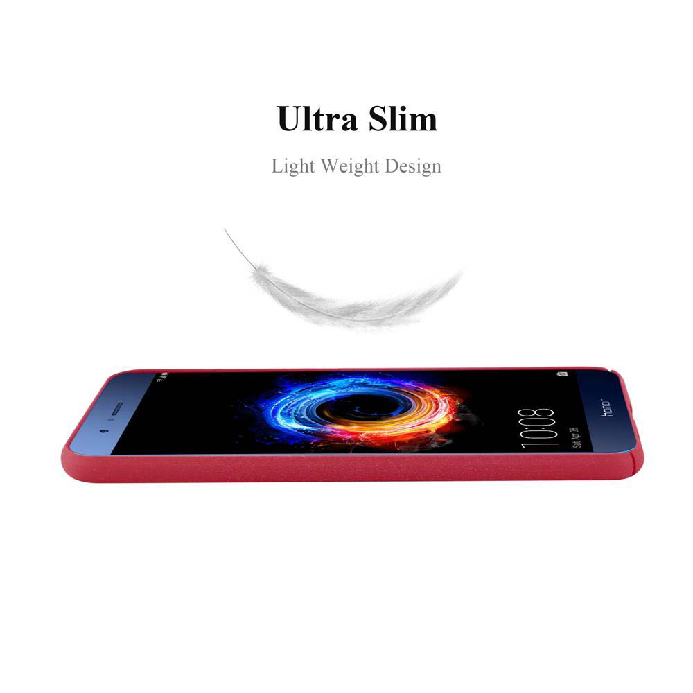 Ein rotes Smartphone mit leuchtendem Bildschirm. Oben steht Ultra Slim. Eine Feder ist im Hintergrund.