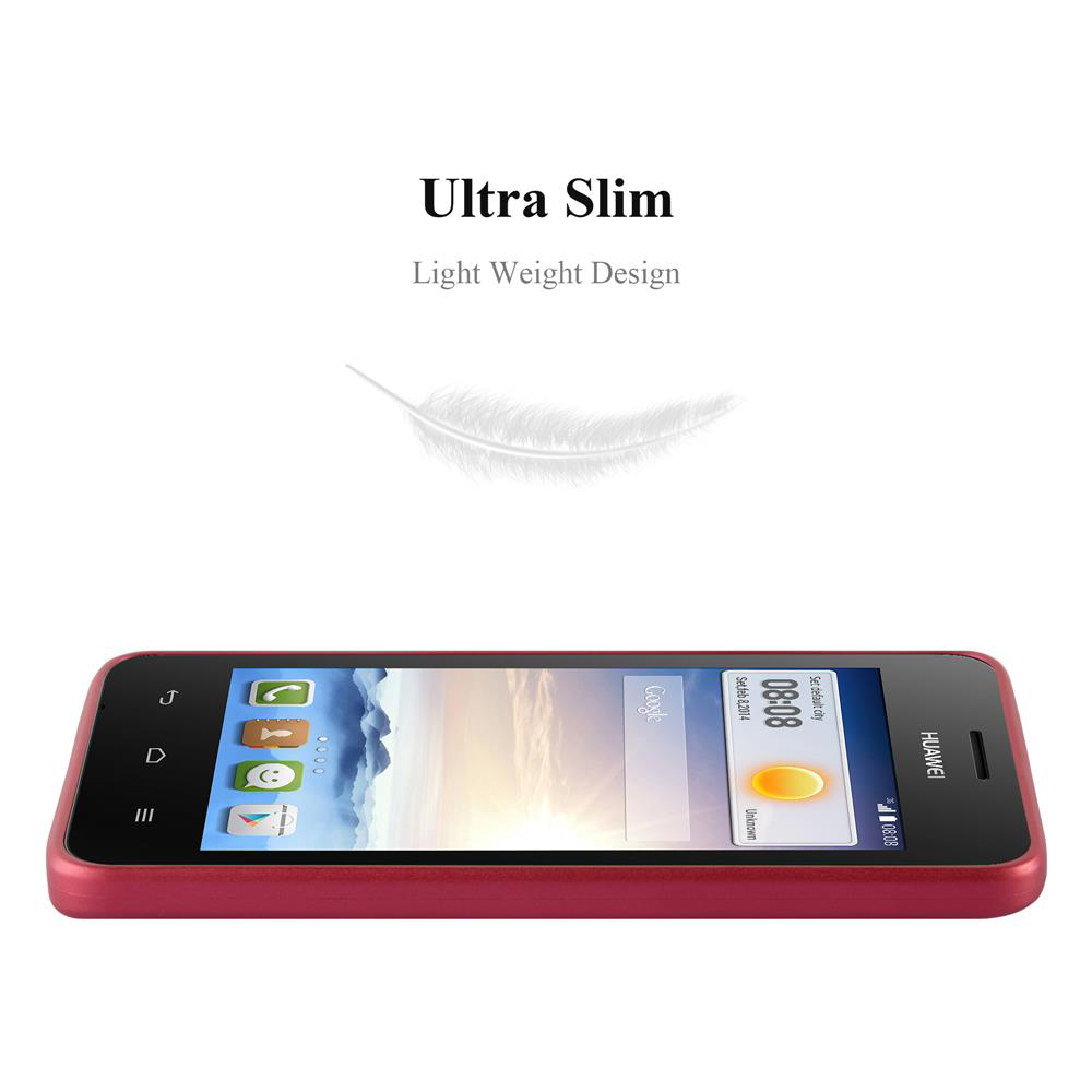 Un telefono Huawei rosso è mostrato in un'angolazione, mostrando lo schermo con icone di app, l'ora e la parola Google. Testo sopra: Ultra Slim.
