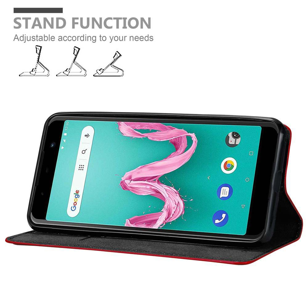 Ein Smartphone in einer Hülle, das einen farbenfrohen Bildschirm anzeigt. Die Hülle ist schwarz mit rotem Rand. Oben sind Standfunktion-Grafiken.