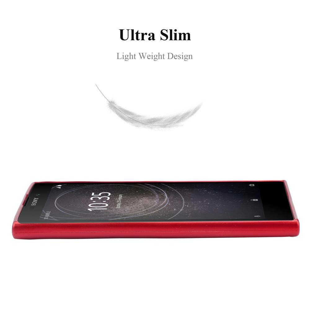 Uno smartphone rosso è in orizzontale. Lo schermo mostra l'ora. Sopra c'è il testo 'Ultra Slim, Light Weight Design' e una piuma.