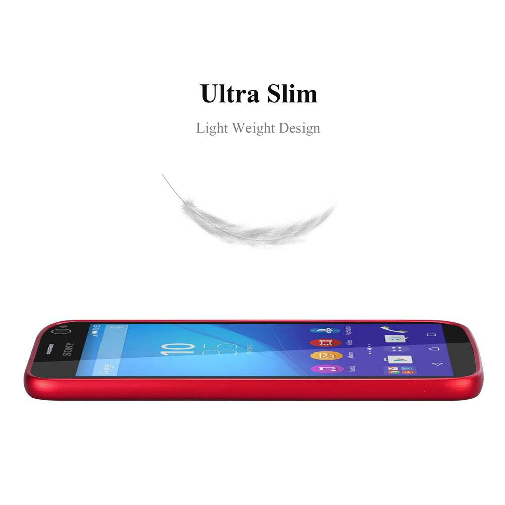 Un smartphone rojo con iconos en la pantalla. Una pluma flota arriba, con el texto 'Ultra Slim' y 'Light Weight Design'.