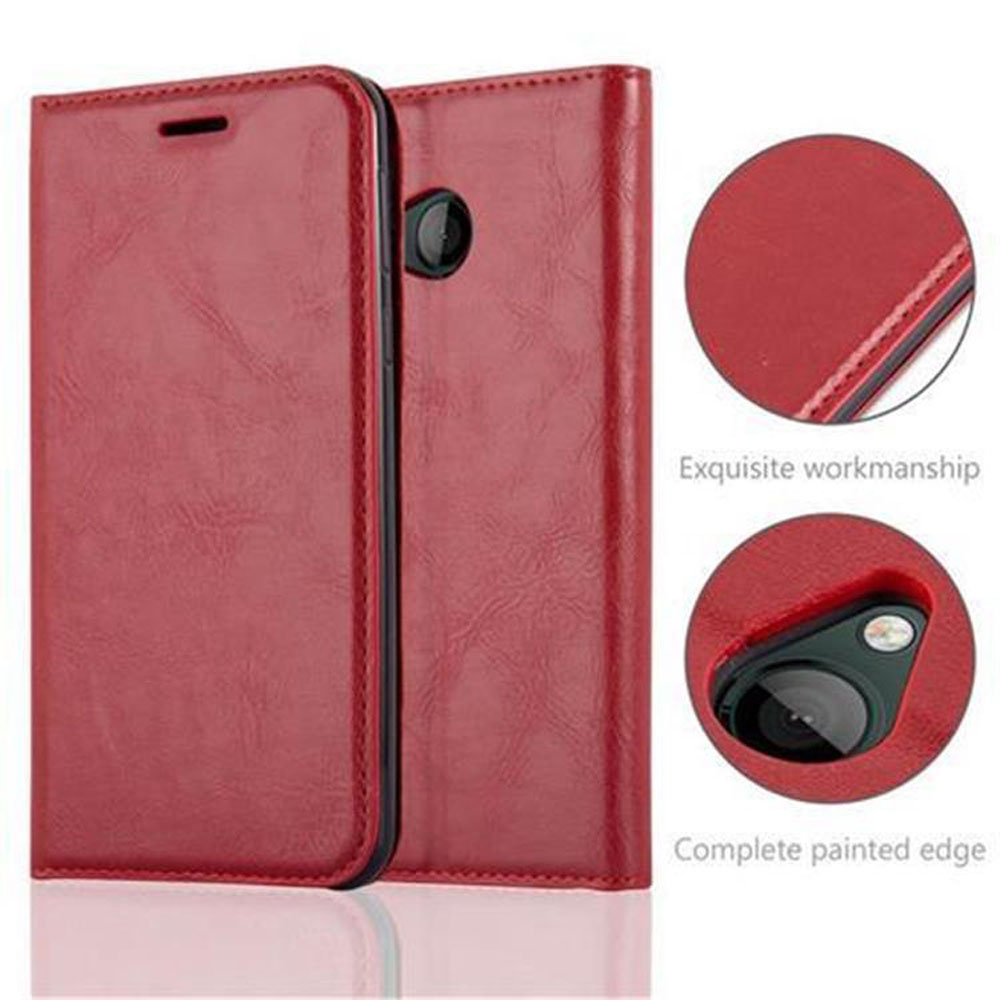 Eine rote Leder-Handyhülle mit schwarzem Rand. Details zeigen exquisite Verarbeitung und komplett lackierte Kanten.