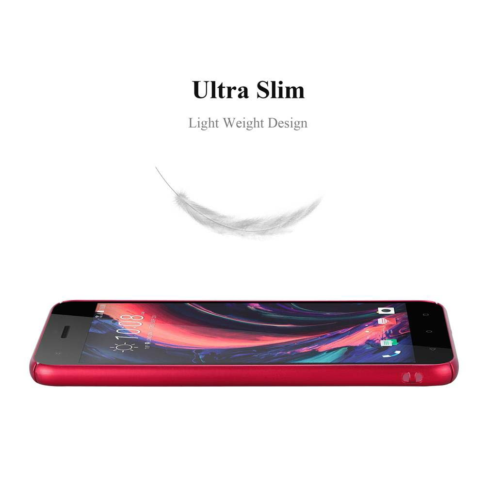 Uno smartphone rosso è appoggiato su una superficie bianca. Sopra ci sono le parole 'Ultra Slim' e 'Light Weight Design', con una piuma.