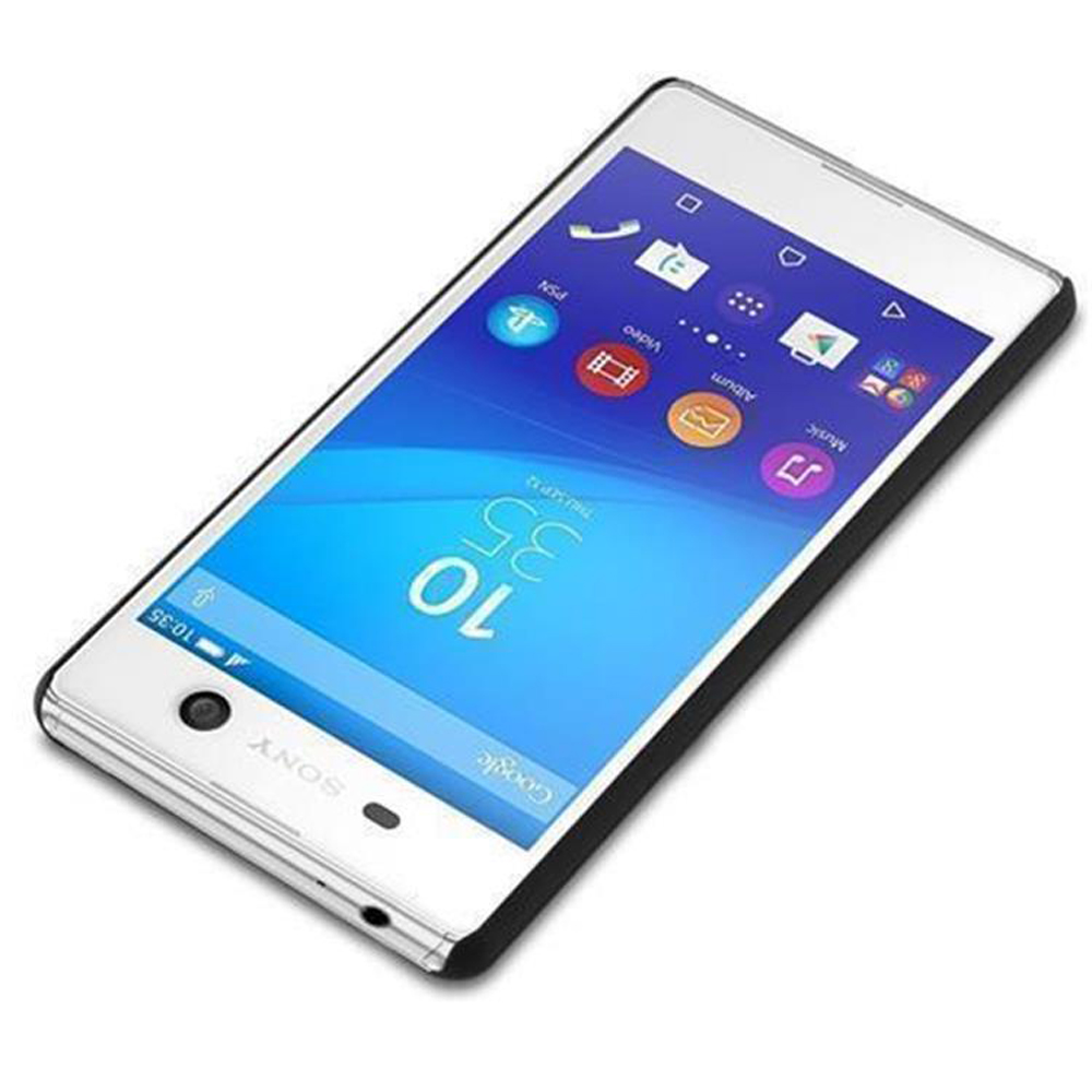 Un smartphone Sony blanco que muestra una pantalla azul con iconos de aplicaciones, hora y fecha. El teléfono tiene un borde negro y está en ángulo.