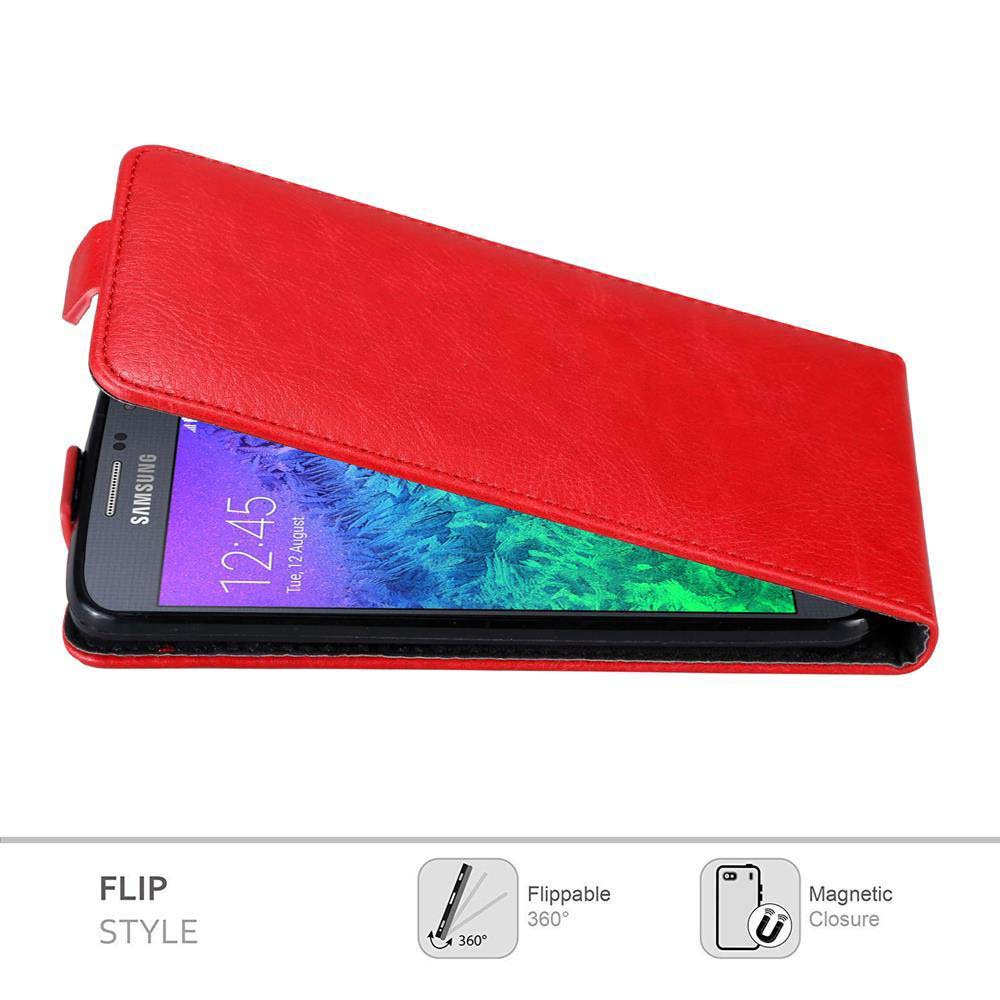 Eine rote Klapphülle schützt ein Samsung-Telefon. Der Bildschirm zeigt die Uhrzeit 12:45 Uhr. Die Hülle ist offen. Text: 'FLIP STYLE', 'Flippable', 'Magnetic Closure'.