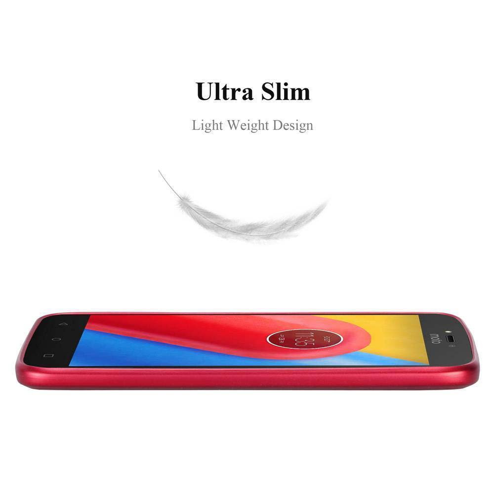 Ein rotes Smartphone mit gebogenem Bildschirm. Über dem Telefon eine weiße Feder und Text 'Ultra Slim, Light Weight Design'.