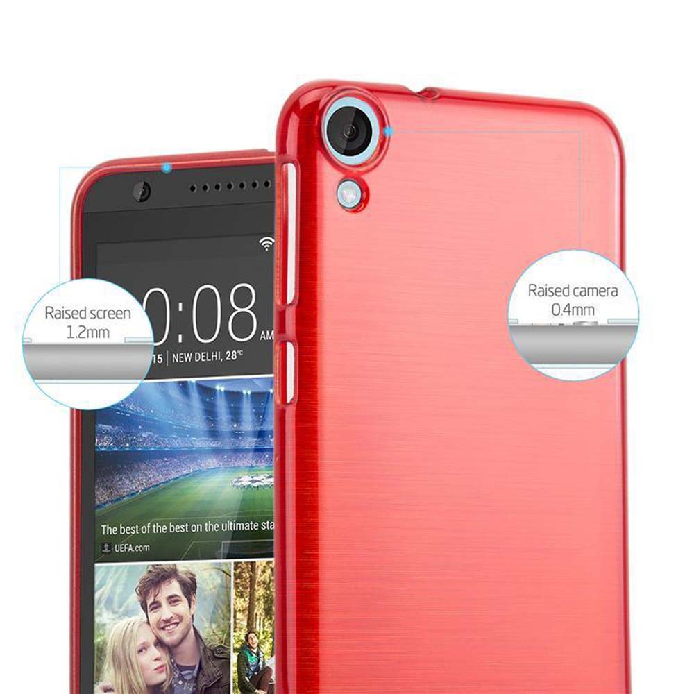 Viene mostrato un telefono rosso con una custodia, che mostra l'ora. I dettagli sullo schermo e sulla custodia sono evidenziati. La custodia ha una fotocamera rialzata.