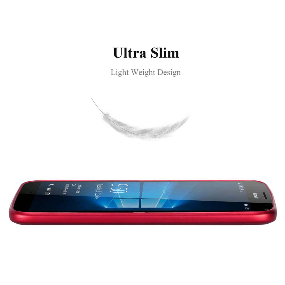 Uno smartphone rosso è in posizione orizzontale. Il testo sopra dice "Ultra Slim, Light Weight Design". Una piuma bianca fluttua sopra.