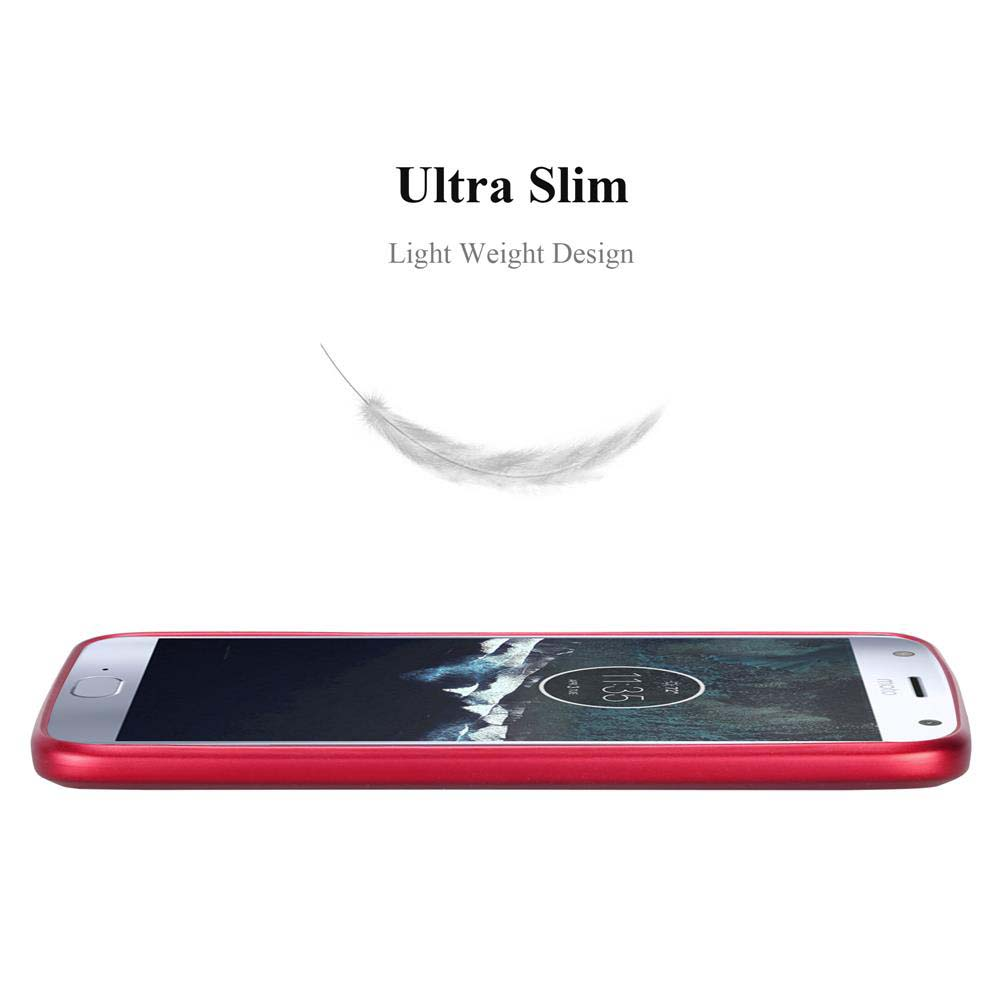 Ein rotes Telefon liegt horizontal. Darüber steht 'Ultra Slim, Light Weight Design'. Eine Feder schwebt darüber.
