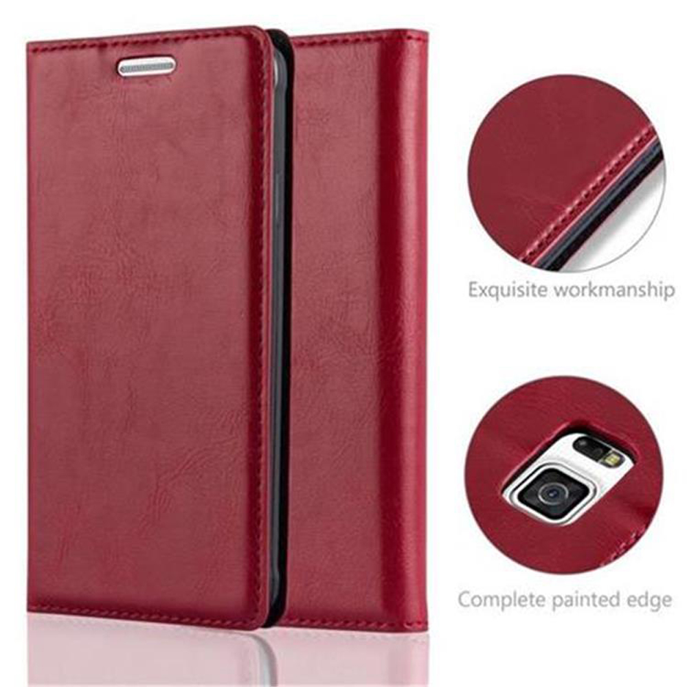 Una funda de teléfono de cuero rojo, cerrada, con costuras detalladas. Dos imágenes circulares muestran una mano de obra exquisita y un borde pintado.