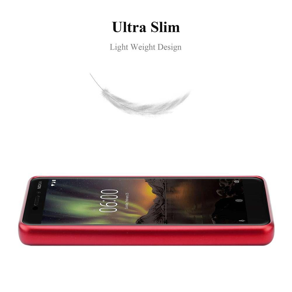 Rotes Smartphone mit schwarzem Bildschirm, der die Uhrzeit anzeigt. Weiße Feder und Text 'Ultra Slim' und 'Light Weight Design' auf weißem Hintergrund.