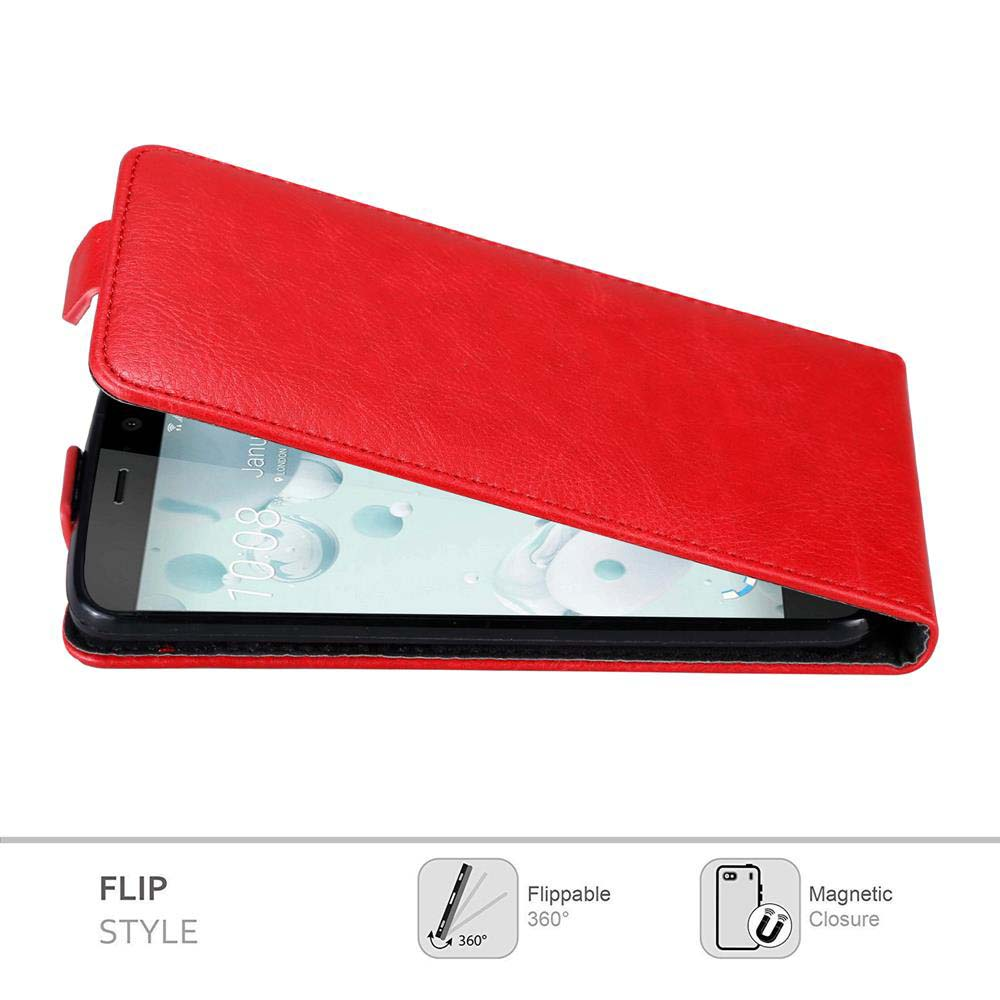 Eine rote Flip-Style-Handyhülle ist geöffnet und zeigt den Bildschirm des Telefons. Symbole weisen auf klappbare und magnetische Verschlüsse hin.