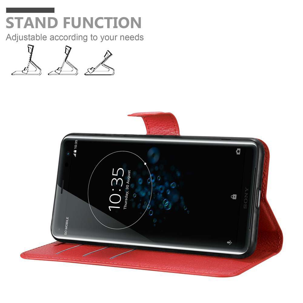 Una custodia rossa per telefono con telefono che mostra 10:35. Grafica della funzione stand visibile. Il telefono è un Sony. Sfondo bianco.