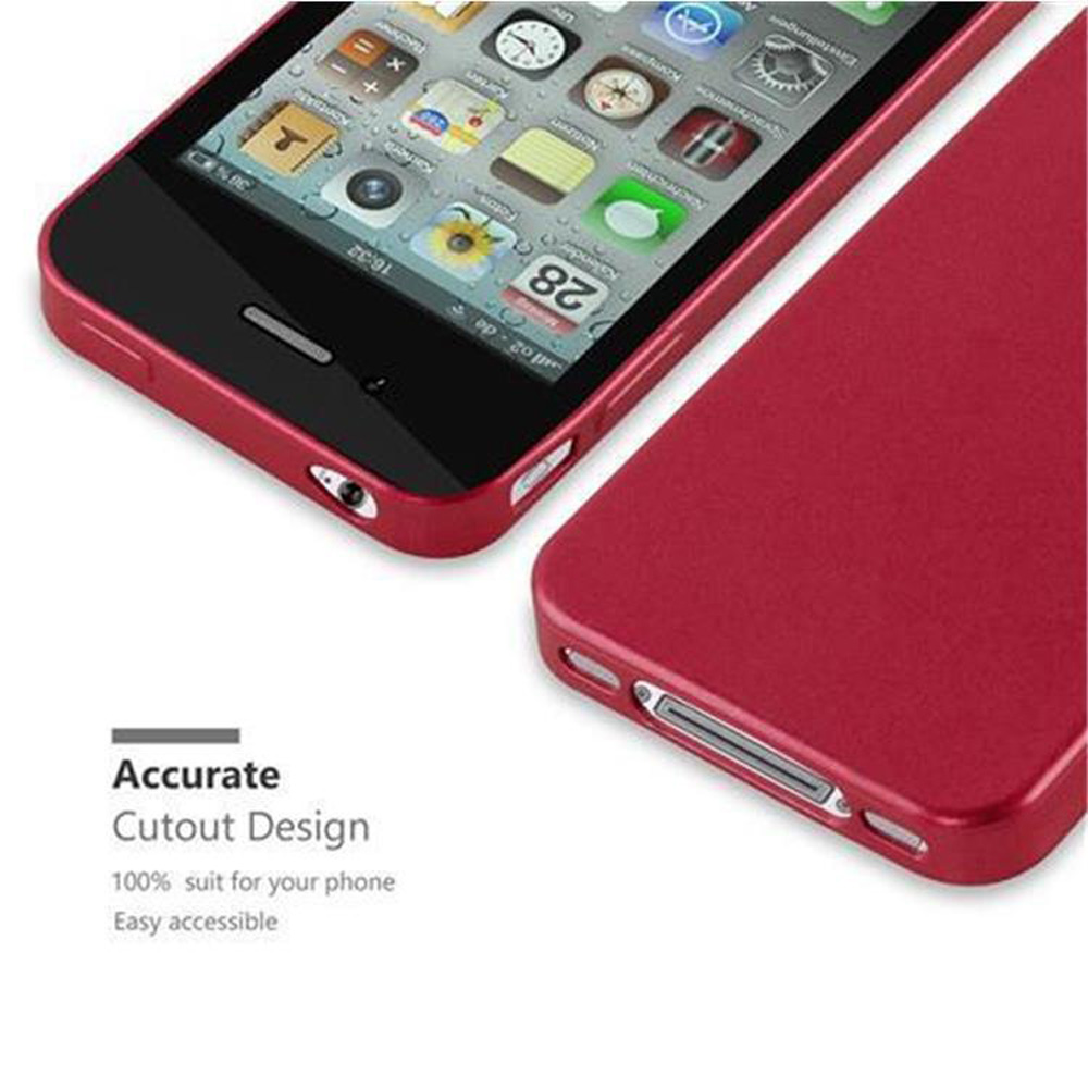 Ein rotes iPhone mit angezeigten Apps und eine rote Handyhülle. Das Telefon ist im Vordergrund, die Hülle rechts.