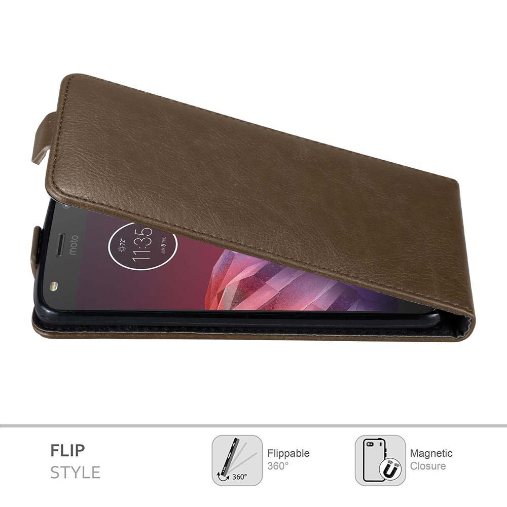 Una funda flip marrón con un teléfono que muestra las 11:35. Tiene cierre magnético y es abatible 360 grados.