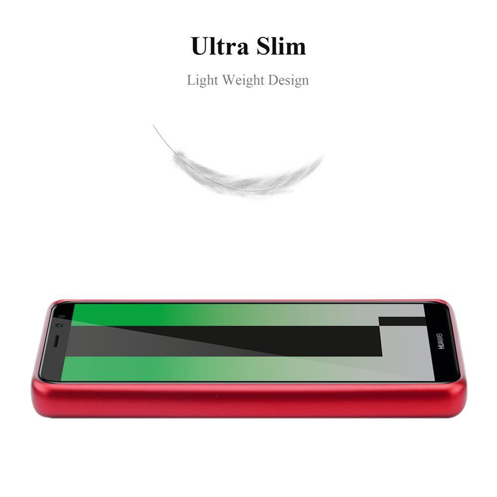 Eine rote Handyhülle mit einem Bildschirm, der eine grün-weiße Grafik und das Huawei-Logo zeigt. Text: Ultra Slim, Light Weight Design.