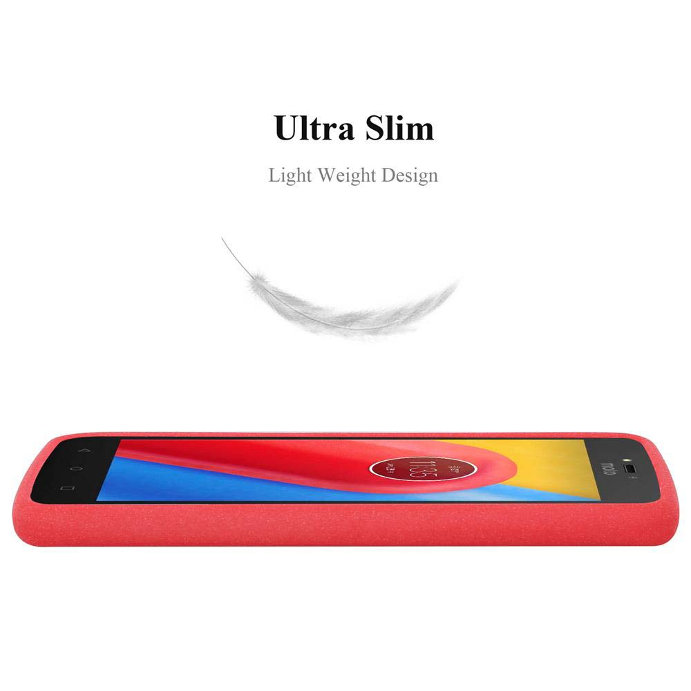 Una custodia rossa per telefono con un telefono all'interno. Lo schermo mostra l'ora. Una piuma bianca fluttua sopra e il testo dice 'Ultra Slim'.