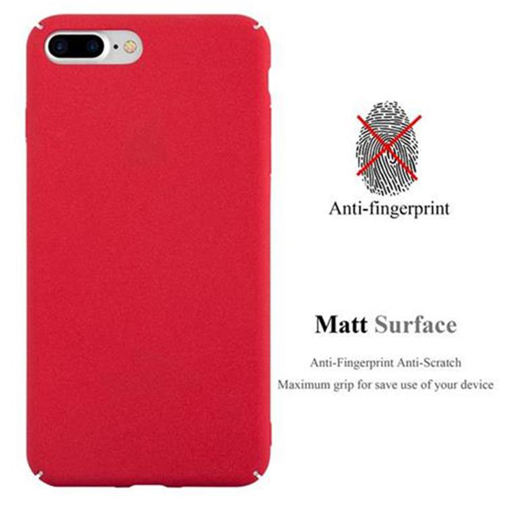 Una custodia rossa per telefono su una superficie bianca. Visibili un logo anti-impronte e la scritta 'Matt Surface'.