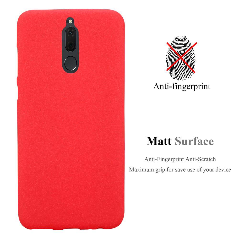 Custodia rossa per telefono con ritaglio per fotocamera, simbolo di impronta digitale sbarrato e testo 'Anti-impronta', 'Superficie opaca'.