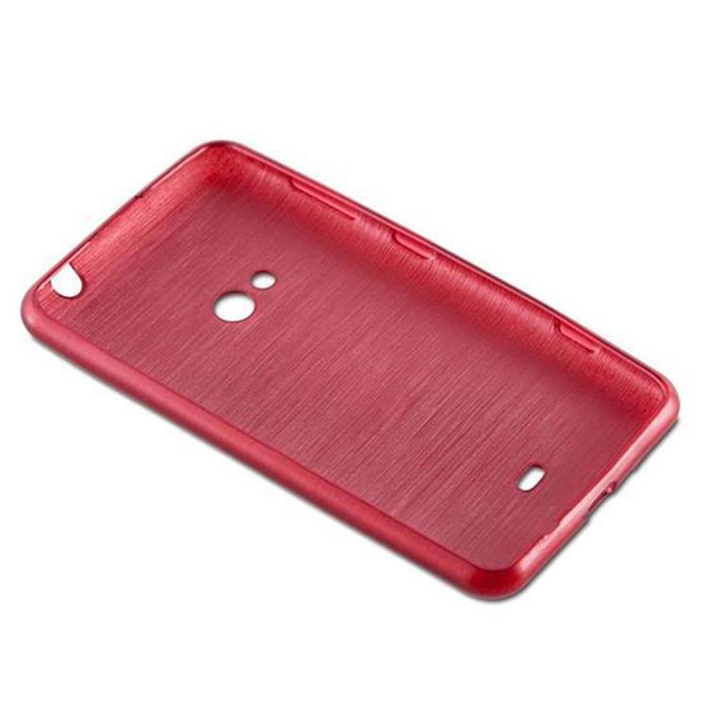 Una funda de teléfono roja con superficie texturizada y agujeros para cámara, altavoz y otras funciones. Fondo blanco.