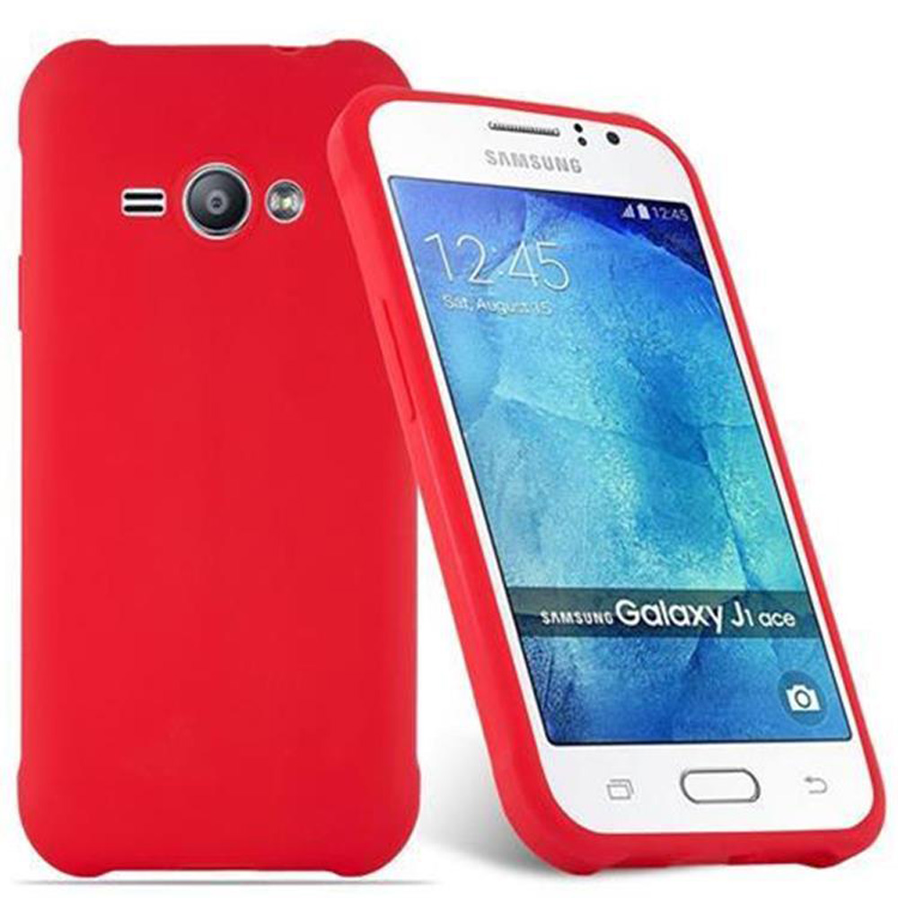 Zwei rote Samsung Galaxy J1 Ace Smartphones. Eines zeigt den Bildschirm mit Uhrzeit und Datum, das andere hat Kamera und Blitz.