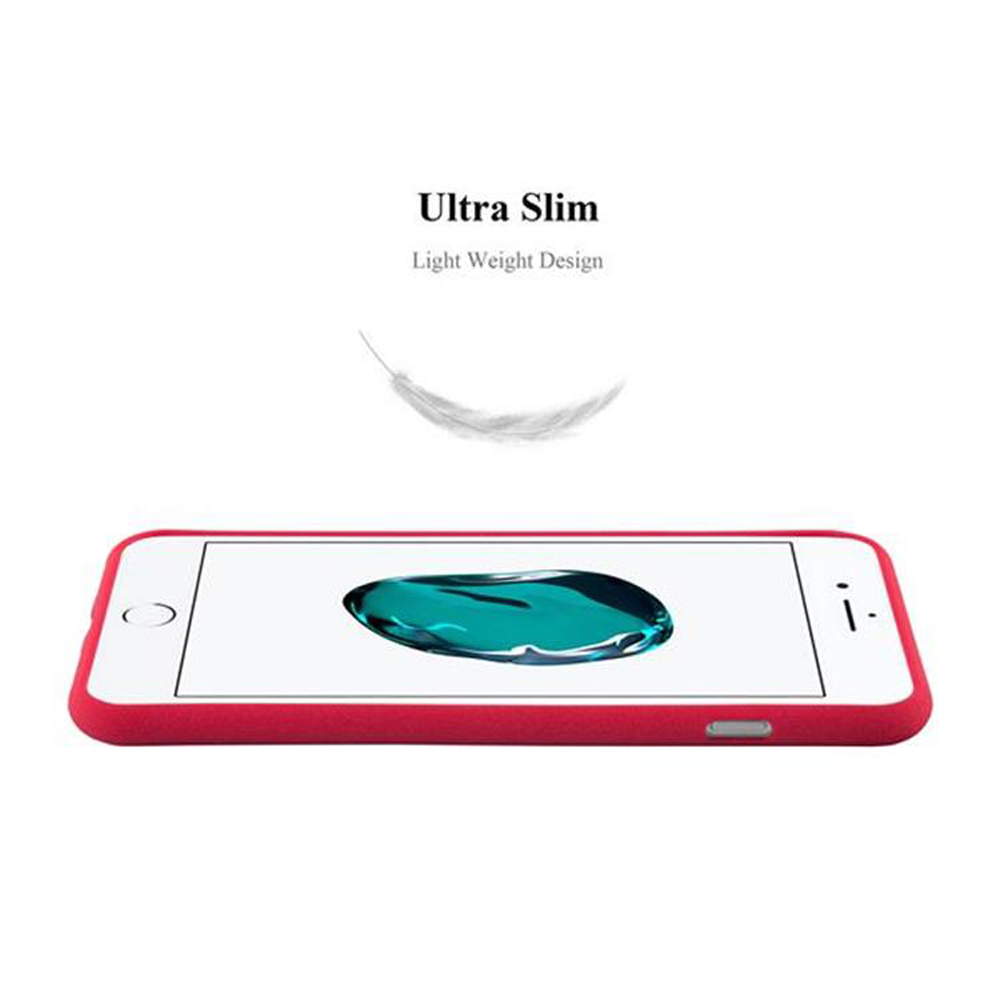 Una custodia rossa con schermo bianco e schizzo blu-verde. Testo: Ultra Slim, Light Weight Design. Una piuma grafica.