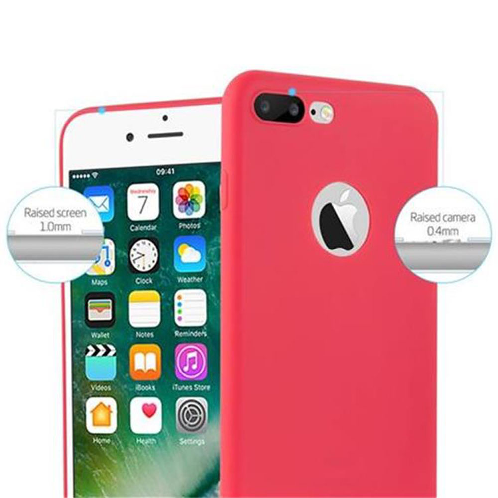 Un iPhone con custodia rossa. Il telefono mostra le app sullo schermo. I dettagli evidenziano lo schermo e la fotocamera rialzati.