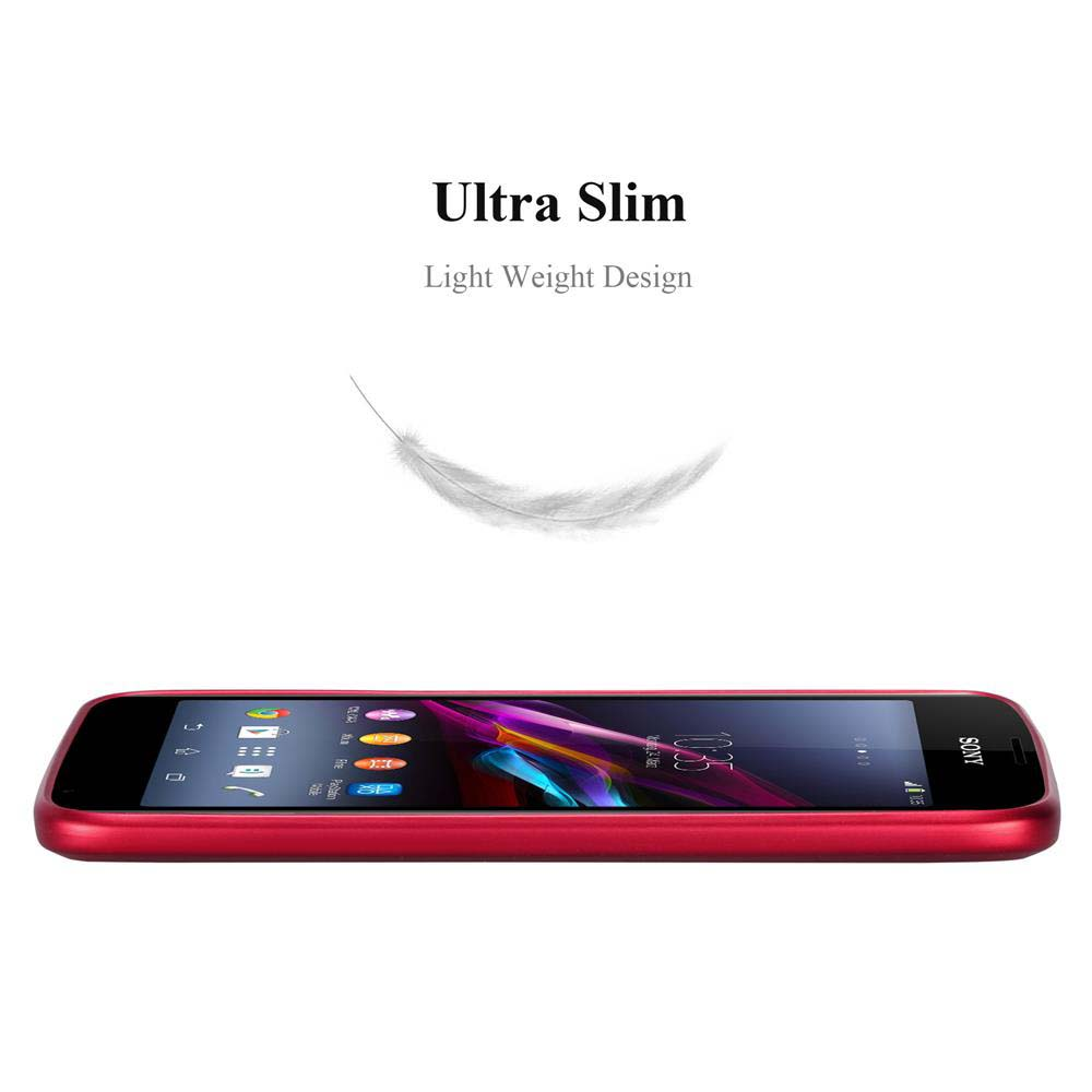 Un smartphone rojo sobre una superficie blanca. Encima, una pluma. La pantalla muestra iconos. Texto: 'Ultra Slim'.