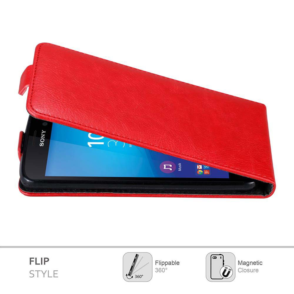 Una custodia a libro rossa per un telefono Sony è aperta. Lo schermo del telefono mostra le app. Il testo in basso dice stile a libro, ribaltabile e chiusura magnetica.