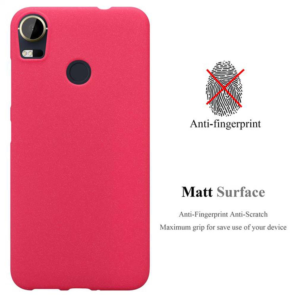Una custodia per telefono rossa con ritaglio per fotocamera, logo impronta digitale e testo: Anti-impronte, Superficie opaca, Anti-graffio.
