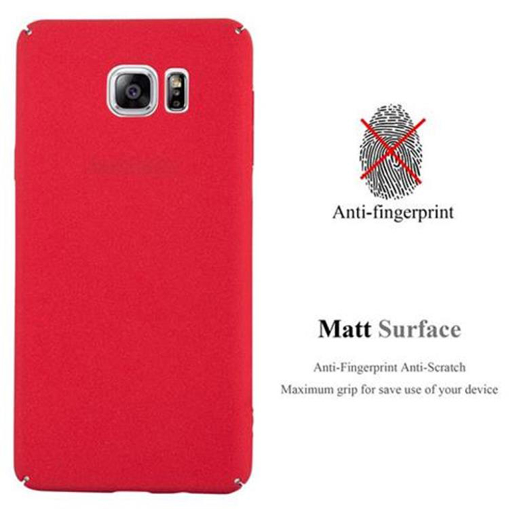 Eine rote Handyhülle mit Kameraausschnitt. Text beschreibt sie als Anti-Fingerabdruck und matte Oberfläche. Das Bild zeigt auch ein Fingerabdrucksymbol.