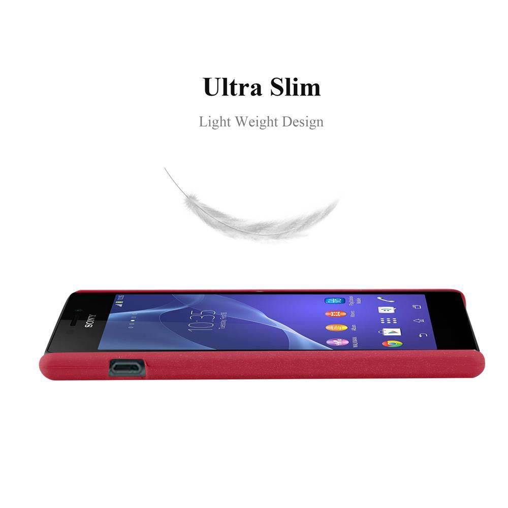 Ein rotes Smartphone mit schwarzem Bildschirm wird horizontal angezeigt. Oben steht 'Ultra Slim' und 'Light Weight Design'.