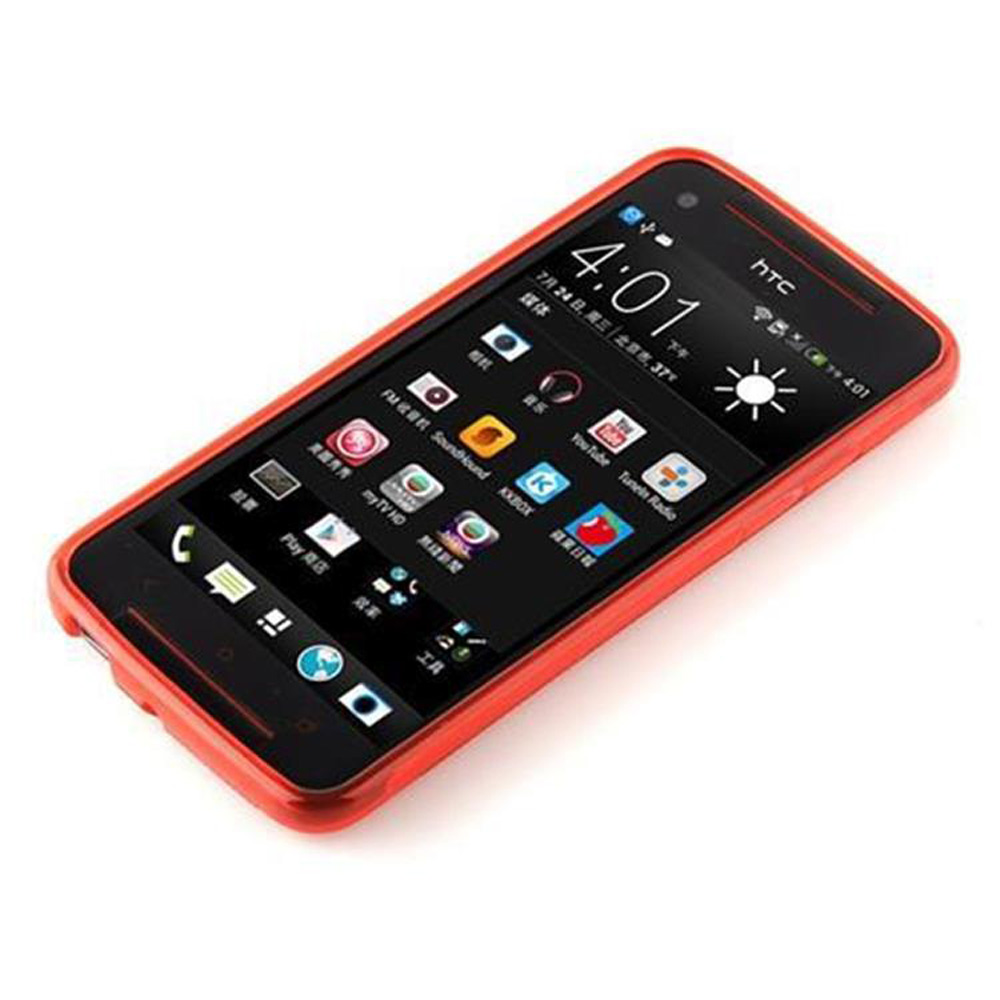 Ein HTC-Smartphone mit rotem Rahmen. Der Bildschirm zeigt Symbole und die Uhrzeit 4:01 an. Das Telefon liegt auf einer weißen Oberfläche.