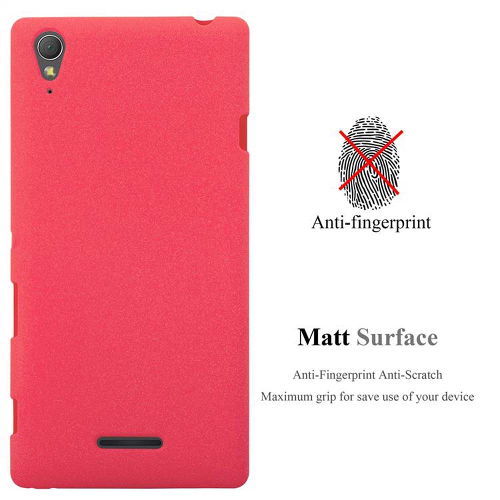 Una funda roja para teléfono con cámara, logo de huella dactilar y texto 'Anti-fingerprint' y 'Matt Surface'.