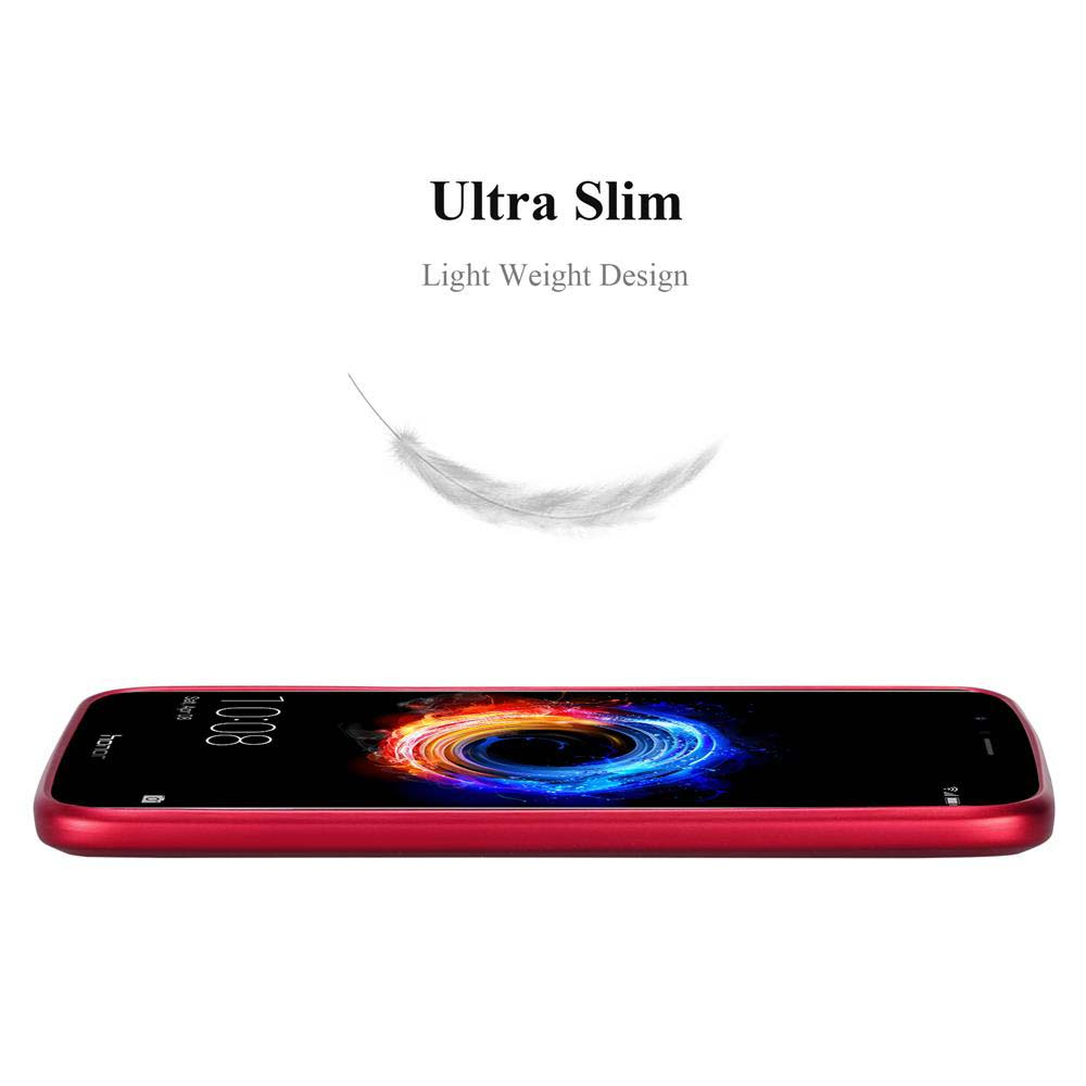 Uno smartphone rosso con schermo nero che mostra un'immagine colorata, il testo 'Ultra Slim' e una piuma su sfondo bianco.