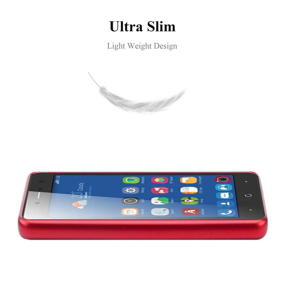 Ein rotes Smartphone mit blauem Bildschirm und App-Symbolen liegt auf weißem Hintergrund. Oben steht Ultra Slim, Light Weight Design.